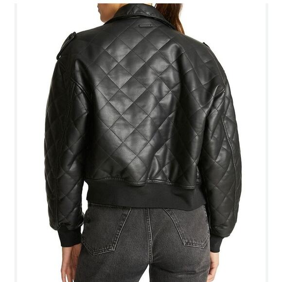 Rebecca Minkoff Women Bomber Jacket Medium Black Quilted Vegan Faux Leather Goth - Picture 15 of 15